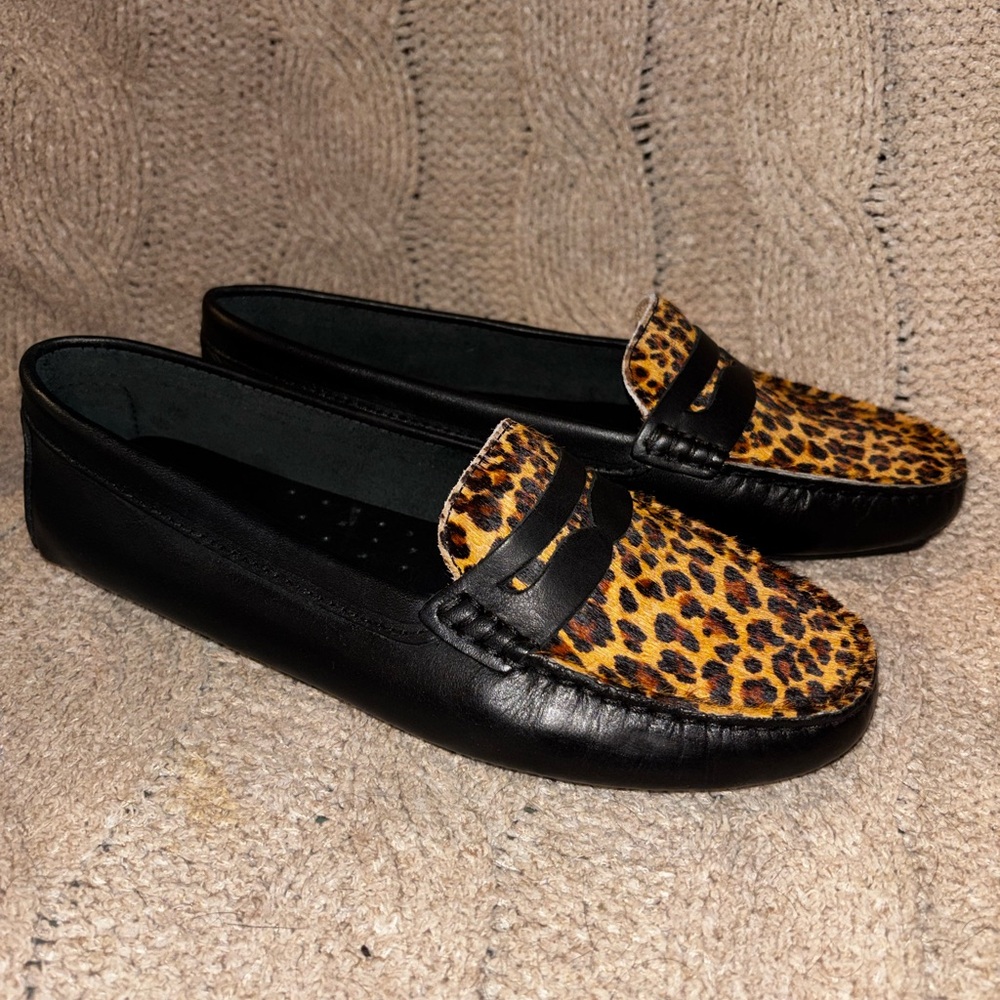 Massimo Matteo Black Leather Cheetah Print Penny Loafers Women’s 6.5B MM-3178P